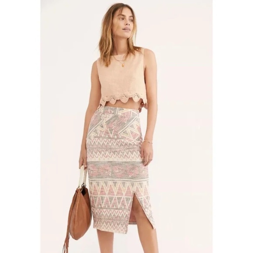 Free People Pastel Pink Cream Patterned Midi Skirt with Front Slit